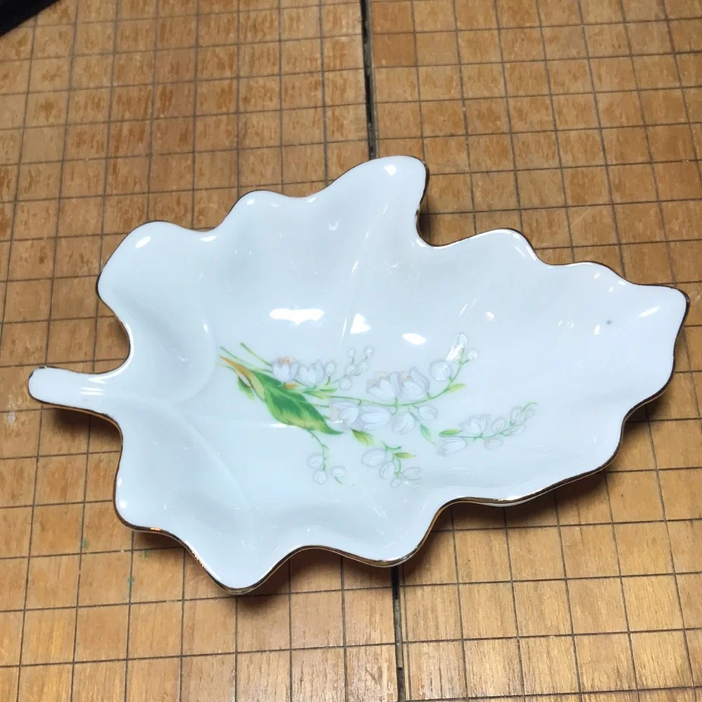 Lefton China 3 Dishes Lily of the Valley Leaf, Dogwood Tray Shape, Floral Design